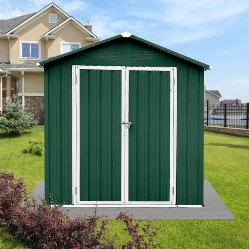Vista 2 de Cobertizo de almacenamiento de metal para exteriores de 4 x 6 pies con techo ápice, estructura techada impermeable de una sola planta, cobertizo