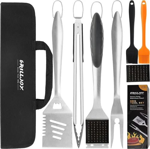 Vista 6 de Grilljoy Juego de 8 herramientas resistentes para parrilla BBQ con espátula de acero inoxidable extra gruesa, tenedor, pinzas y cepillo de limpieza