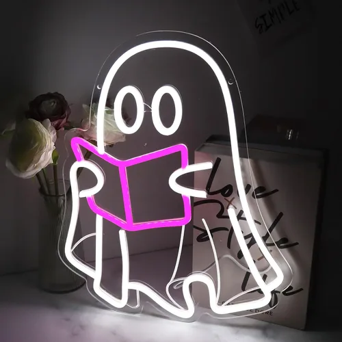 Vista 2 de Lámpara de libro de lectura fantasma, letrero de neón de fantasma de lectura, letrero de neón LED para sala de lectura, libro de lectura colgante