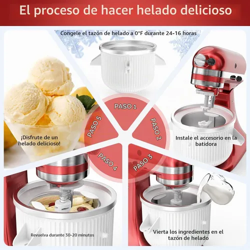 Vista 3 de Accesorio para batidora KitchenAid, cuenco de helado compatible con batidoras de soporte de 4.5 cuartos y 6 cuartos de galón o más grandes