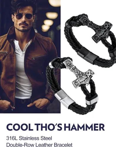 Vista 5 de Bandmax Pulsera trenzada de cuero negro para hombre con colgante gótico punk, pulsera de cuero con hebilla de acero inoxidable, paquete de regalo