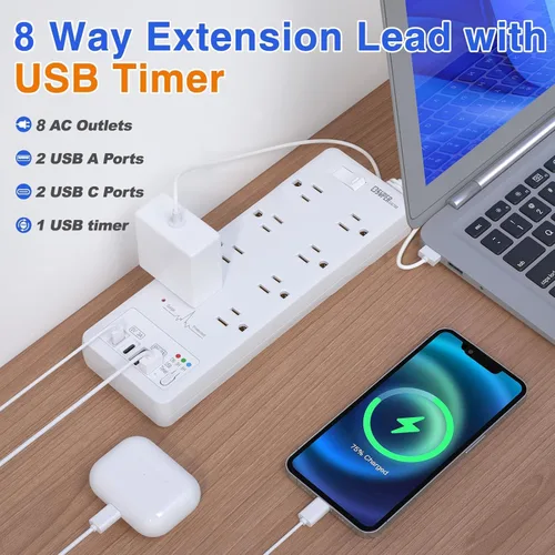 Vista 6 de Protector de sobretensiones, cable de extensión con temporizador USB, 8 salidas (1875 W/15 A) y 2 puertos USB A+2USB C, certificación ETL, montaje