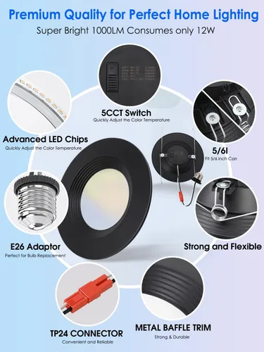 Vista 6 de Paquete de 2 luces LED empotrables 5CCT negras de 5/6 pulgadas, 2700K/3000K/4000K/5000K/6500K seleccionables, luces de lata regulables con borde
