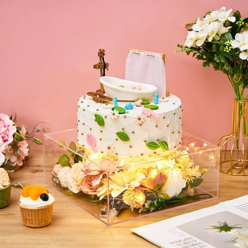 Vista 4 de Sintuff 3 soportes cuadrados de acrílico para tartas, 3 niveles, transparente, rellenable, con cadena de luces LED, soporte para cupcakes con tapa