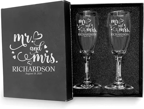 Vista 40 de Juego de 2 copas de champán personalizadas para boda grabadas con caja - Bride & Groom's Wedding Toast