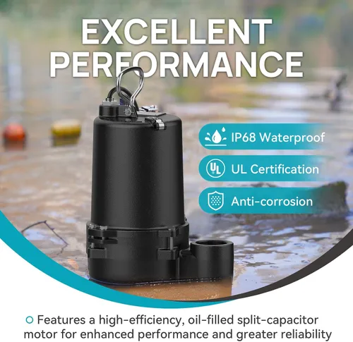 Vista 4 de 1/2HP Bomba de aguas residuales de hierro fundido 115V 6300 GPH Bomba de efluente Negro oscuro