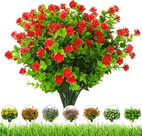 Vista 15 de Flores artificiales para exteriores, 8 paquetes de flores falsas resistentes a los rayos UV, flores sintéticas de plástico para exteriores, plantas
