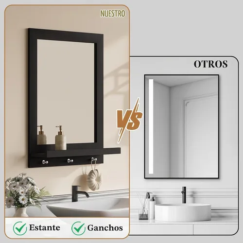 Vista 3 de ARTPOWER Espejo de pared de madera de 24 x 18.5 pulgadas con estante, espejo rectangular de pasillo con ganchos, espejos de pared colgantes
