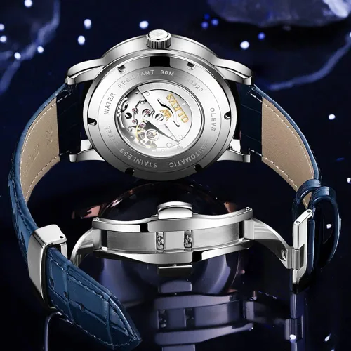 Vista 5 de OLEVS Reloj para hombre esfera de cielo estrellado Universo de Vía Láctea cuerda automática correa de cuero azul vestido de moda impermeable