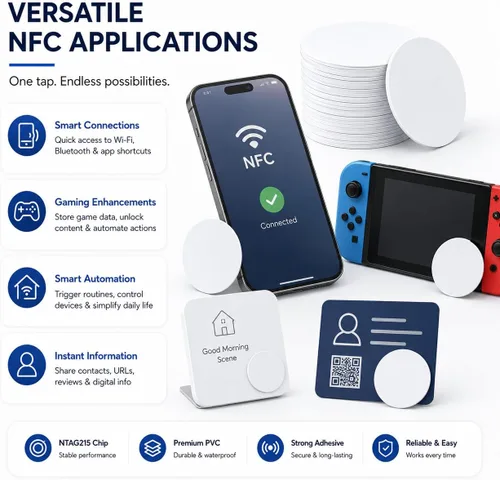 Vista 3 de 50 tarjetas de monedas NFC, tarjetas NFC NTAG215 en blanco, chip NFC rewitable de 0.984 in/1 pulgada, 215 tarjetas redondas con parte trasera