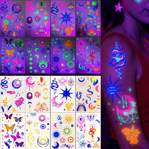 Vista 4 de Tatuajes temporales de neón UV, 12 hojas de tatuajes de fiesta que brillan en la oscuridad para adultos y niñas, patrones de doble vibración