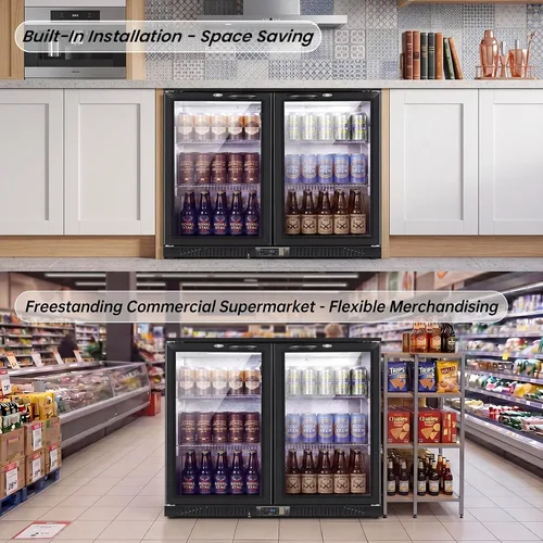 Vista 8 de 35.42" W Commercial Under Counter Beverage Refrigerator, 2 Glass Door Back Bar Cooler, Built-in/Freestanding 7.4Cuft Drink Fridge with LED Light