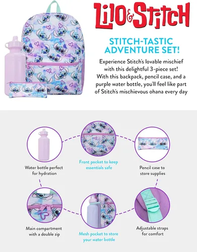 Vista 6 de Disney Lilo and Stitch Mochila de 3 piezas Mochila, estuche y botella de agua Mochila escolar Lilo and Sttich Multicolor