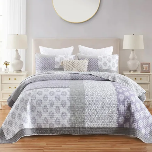 Vista 11 de Y-PLWOMEN - Juego de cama Queen con edredón/cubrecama de algodón 100% ligera, reversible, floral, rústico, para todas las estaciones Azul/Blanco/Gris
