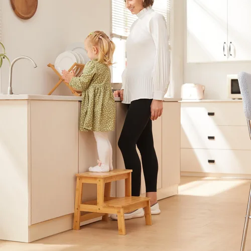 Vista 3 de Taburetes de bambú para niños, taburete de madera para cocina/baño/mesita de noche, taburete de doble escalón, soporta hasta 350 libras