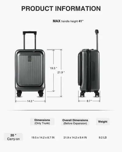 Vista 7 de LUGGEX Equipaje de mano aprobado por aerolíneas con bolsillo frontal, maleta rígida de policarbonato con puerto USB, maleta de viaje con ruedas