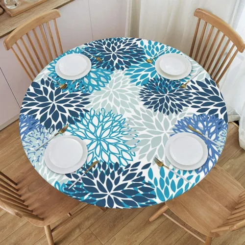 Vista 26 de Fiokroo Mantel de Flores de Crisantemo Azul, Amarillo y Azul Marino con Borde Elástico, Mantel Redondo Lavable y Reutilizable Cubierta de Mesa