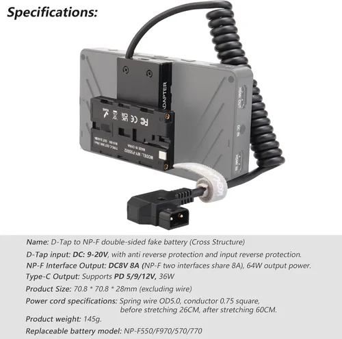 Vista 5 de D-Tap Ptap a doble cara NP-F550/970/570/770 Adaptador de corriente de batería ficticia (estructura cruzada) para monitor de campo, transmisión