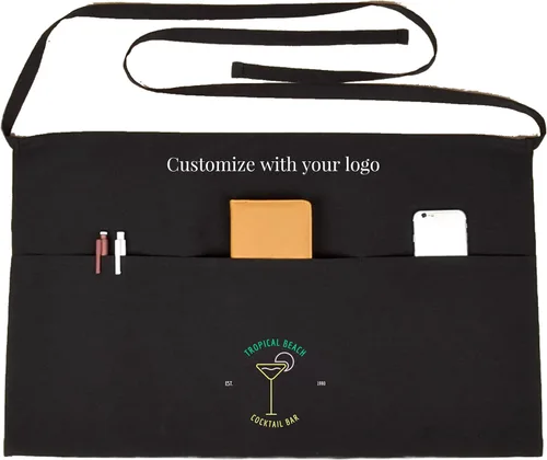 Vista 3 de SonaGear Delantal profesional para camarera con bolsillos, delantal de cintura negra para hombres y mujeres, medio delantal de 3 bolsillos