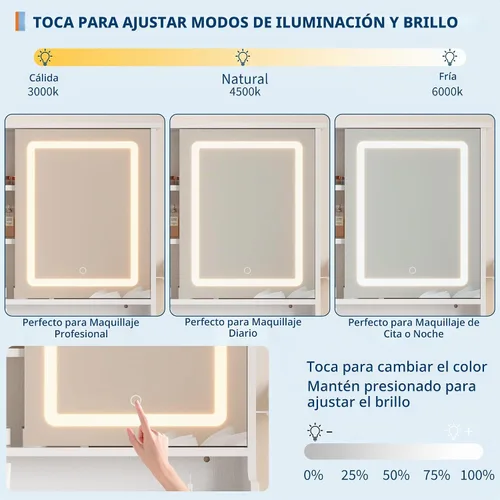 Vista 3 de GarveeHome Escritorio de tocador con espejo deslizante y luces, tocador de maquillaje blanco con taburete, tocador retráctil con tomacorriente
