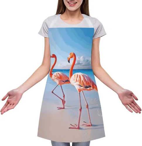 Vista 3 de MUSM Pink Flamingo on Beach Apron，Classic Vintage Funny with Pockets Aprons,Adjustable Bib Waterdrop Resistant for Kitchen Cooking Restaurant BBQ