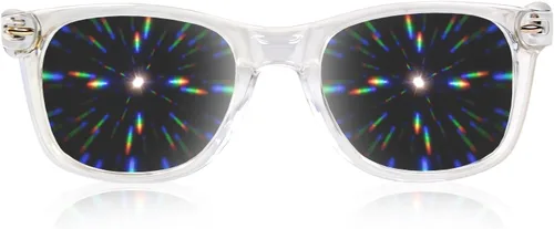 Vista 2 de Gafas de sol con difracción. Efecto prisma 3D de caleidoscopio multicolor. Gafas delirantes de GloFX., Transparente