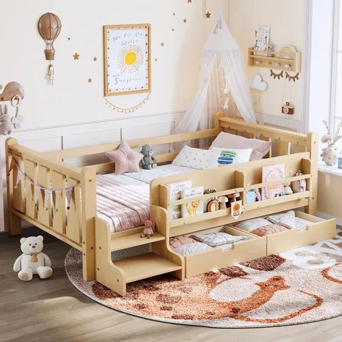 Vista 20 de Cama Montessori de tamaño matrimonial con estantería, cajones de Natural