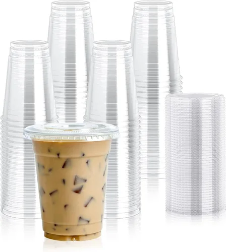 Vista 9 de Lilymicky 200 juegos de vasos de plástico transparente de 10 onzas con tapas planas, vasos desechables de 10 onzas para batidos, Slurpee o cualquier