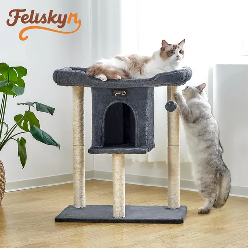 Vista 7 de Torre Rascador para Gatos Grandes de Interior, Árbol Pequeño para Gatos con Cama de Percha Grande, Casa de Árboles de 28 Pulgadas de Alto con Cueva