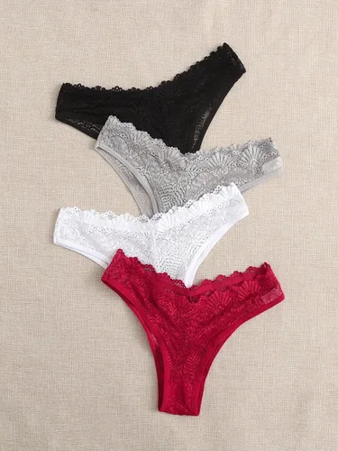 Vista 6 de MakeMeChic Conjunto de 4 tangas de encaje para mujer, de talle medio, con ribete festoneado