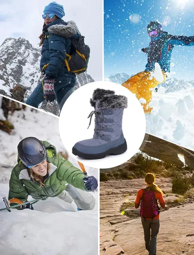 Vista 4 de Botas de nieve para mujer, impermeables, a media pantorrilla, antideslizantes, para exteriores, cálidas, para invierno
