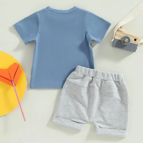 Vista 73 de Conjunto de traje de verano para bebé niño pequeño, manga corta, cuello redondo, letras impresas, lindo traje de verano, conjunto de 2 piezas