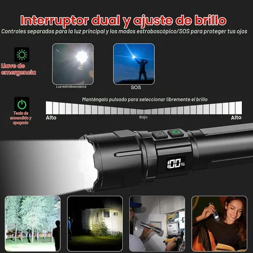 Vista 3 de Linterna 20000 Lúmenes Altos Recargable - Paquete de 2 Luz LED Flash Súper Brillante de 30W 24H de Larga Duración y Haz de 5000ft USB C Linterna