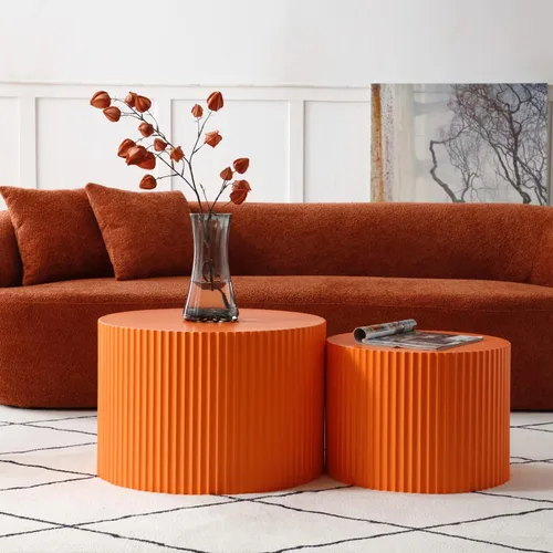 Vista 14 de JUSTONE Juego de 2 mesas de centro redondas anidadas, mesas decorativas de madera modernas marrones que ahorran espacio para espacios pequeños