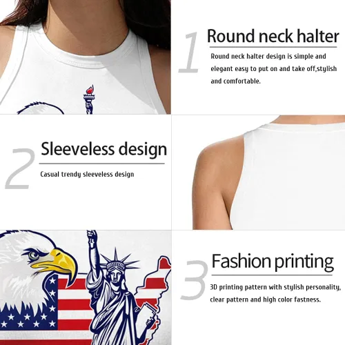 Vista 9 de Camiseta corta con bandera estadounidense para mujer, patriótica de Estados Unidos, para el 4 de julio, sexy, expuesta, suave, para verano, sin