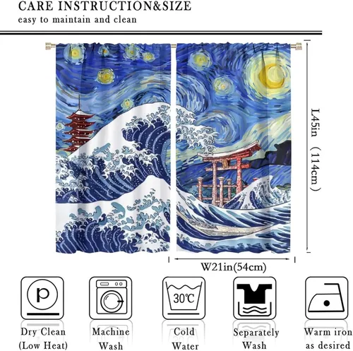 Vista 2 de Cortinas opacas con bolsillo para barra de arte asiático japonés para dormitorio, diseño de anime azul, océano, fantasía, cielo estrellado, Torii