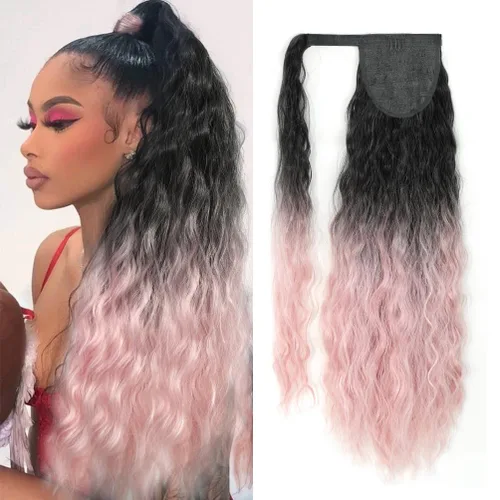Vista 11 de Extensión de cola de caballo con clip de onda de maíz, 22 pulgadas de largo, ondulado, rizado, envolvente, resistente al calor, sintético, postizo