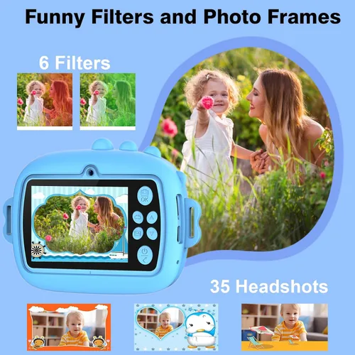Vista 5 de Cámara para niños con impresión instantánea, cámaras duales delanteras y traseras, juguete digital de viaje portátil, cumpleaños para niñas y niños