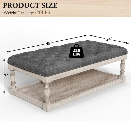Vista 2 de Mesa de café estilo otomana, otomana grande rectangular con almacenamiento - Banco acolchado tapizado para sala de estar, tela de lino con botones