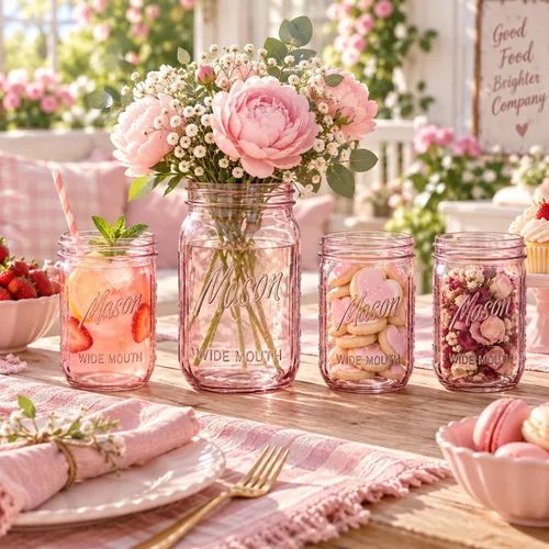 Vista 5 de Paquete de 6 tarros rosados con tapas, tamaños mixtos de 16 onzas y 32