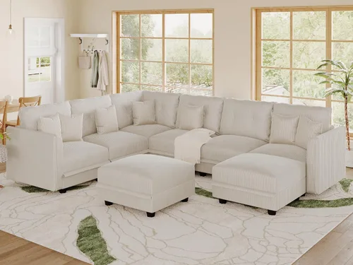 Vista 43 de LLappuil Sofá seccional modular con asientos de almacenamiento, sofá seccional convertible modular en forma de U de pana para sala de estar, sofá