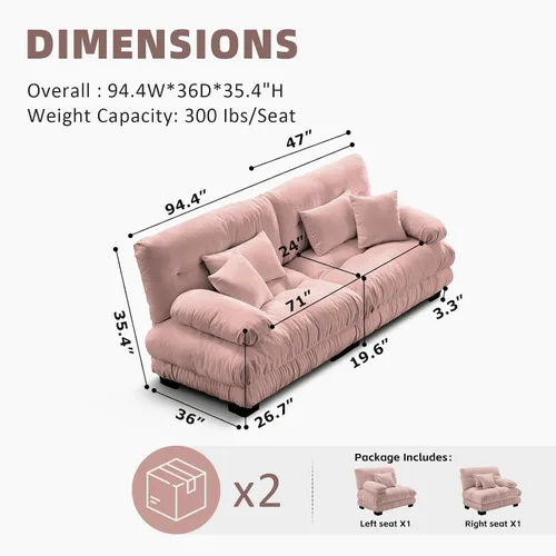 Vista 138 de Sofá Seccional Modular Extragrande de 93.7 pulgadas, Sofá de Dos Plazas Cloud Couch con Almohadas y Cojín Extra Grueso para Sala de Estar, Cine