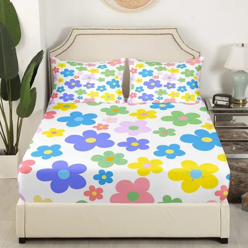 Vista 3 de Bonito juego de sábanas de flores para niñas y mujeres, sábanas coloridas de dibujos animados de flores funky de tamaño individual, bonito juego