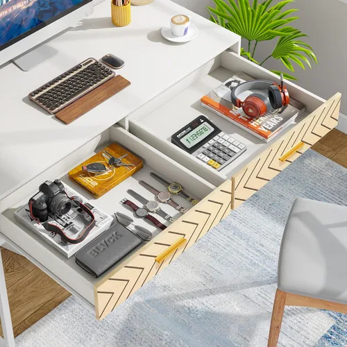 Vista 4 de LITTLE TREE Escritorio para computadora con 2 cajones, escritorio moderno de 47 pulgadas, mesa para computadora portátil para oficina en casa