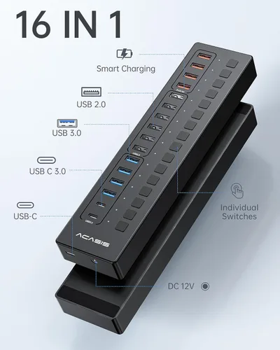 Vista 2 de Concentrador USB 3.0 alimentado, concentrador USB ACASIS de 16 puertos (incluye 2 puertos de carga inteligente USB C 3.0+4) con adaptador