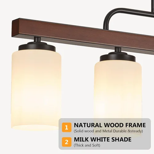 Vista 2 de Lámpara de Comedor Estilo Granja Sobre Mesa, Iluminación de Isla de Cocina de Madera Negra de 4 Luces con Vidrio Blanco Leche, Luces Colgantes