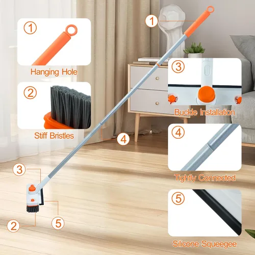 Vista 8 de Cepillo de limpieza de suelo con mango largo, cepillo extensible 3 en 1 para raspar cerdas rígidas, cepillo de ducha de 60 pulgadas con escobilla