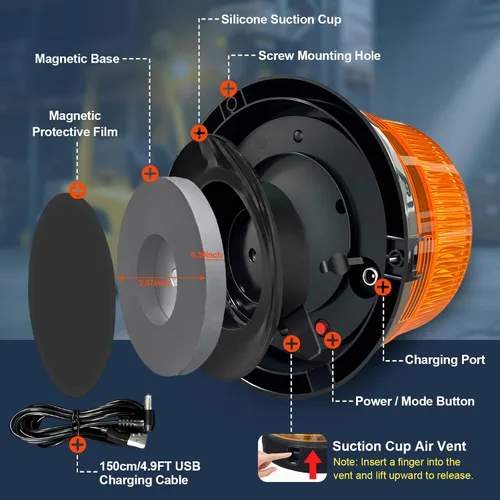 Vista 3 de Paquete de 1 luz estroboscópica ámbar, LED recargable, base magnética Wireless 3600mAh with suction cup mount. Emergency safety warning light for