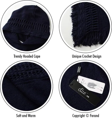 Vista 4 de Capa con capucha Ferand, con flequillo en el dobladillo, patrones de ganchillo para tejer poncho, para mujer.