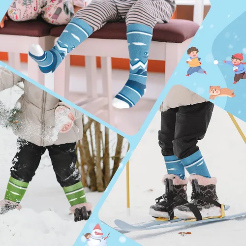 Vista 5 de unenow Calcetines de esquí de lana merino para niños, 2 pares, calcetines térmicos cálidos de invierno para niños y niñas pequeños